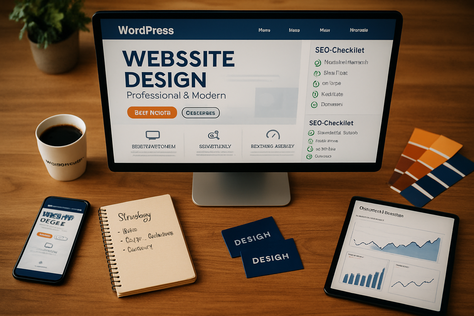 Detailed landscape image (1536x1024) showing professional website designer's desk from overhead perspective. Central focus on large monitor 