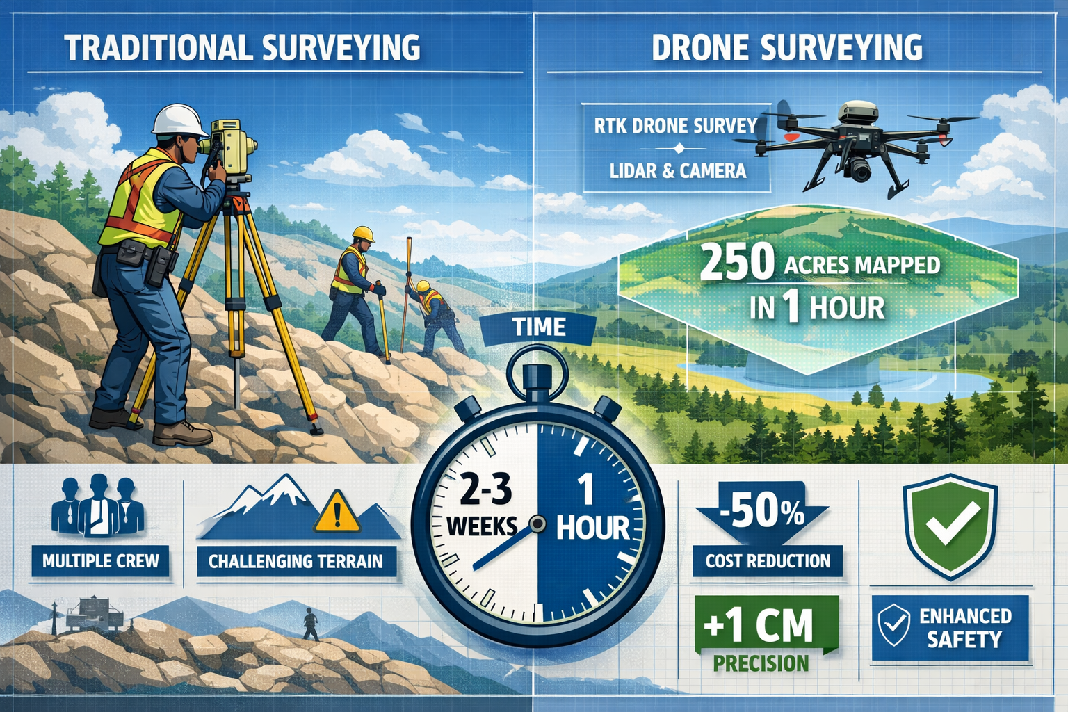 Detailed landscape format (1536x1024) image showing side-by-side comparison of traditional land surveying versus modern drone surveying meth