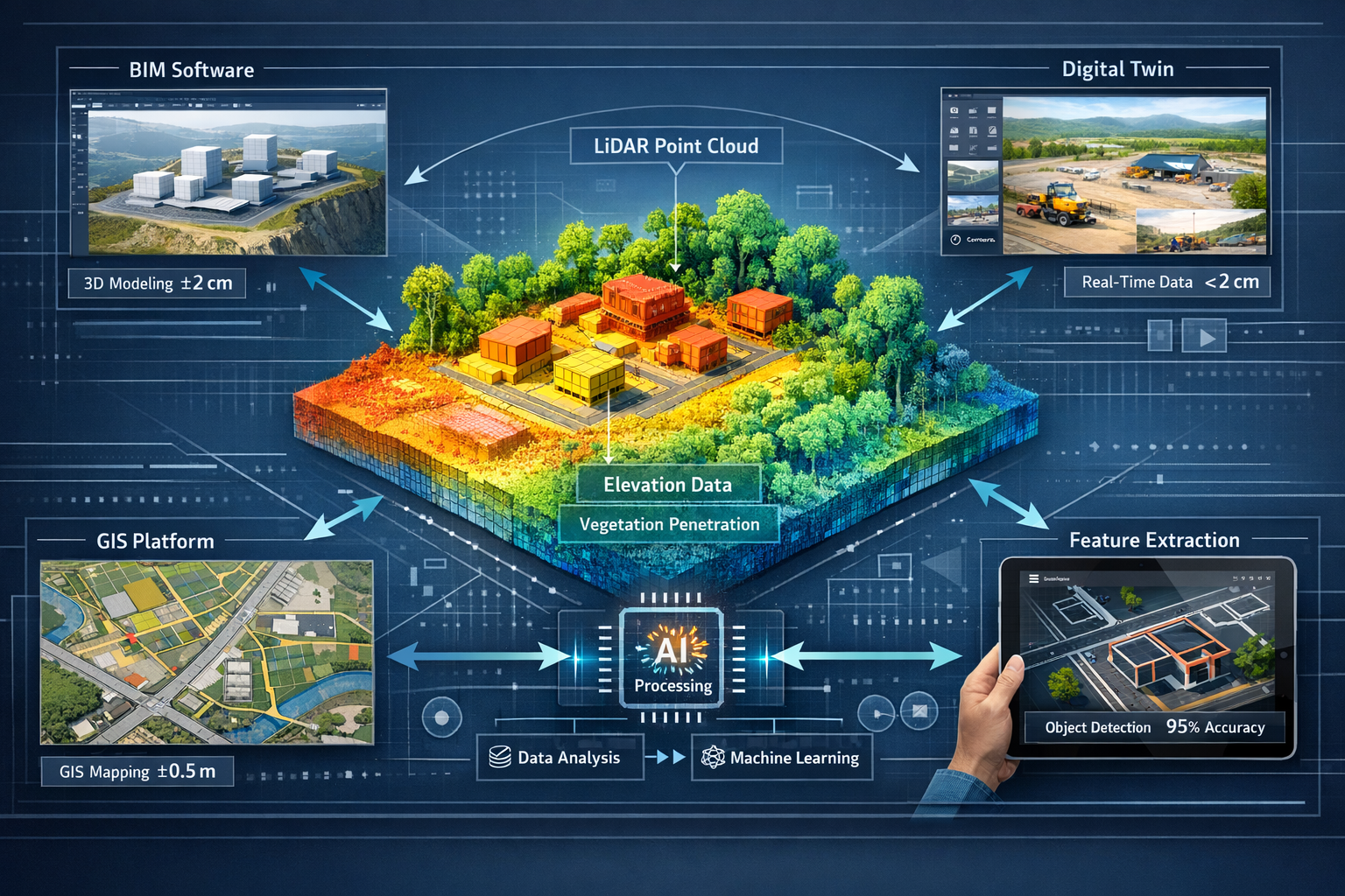 Detailed landscape format (1536x1024) technical illustration demonstrating drone-captured data integration workflow for property development