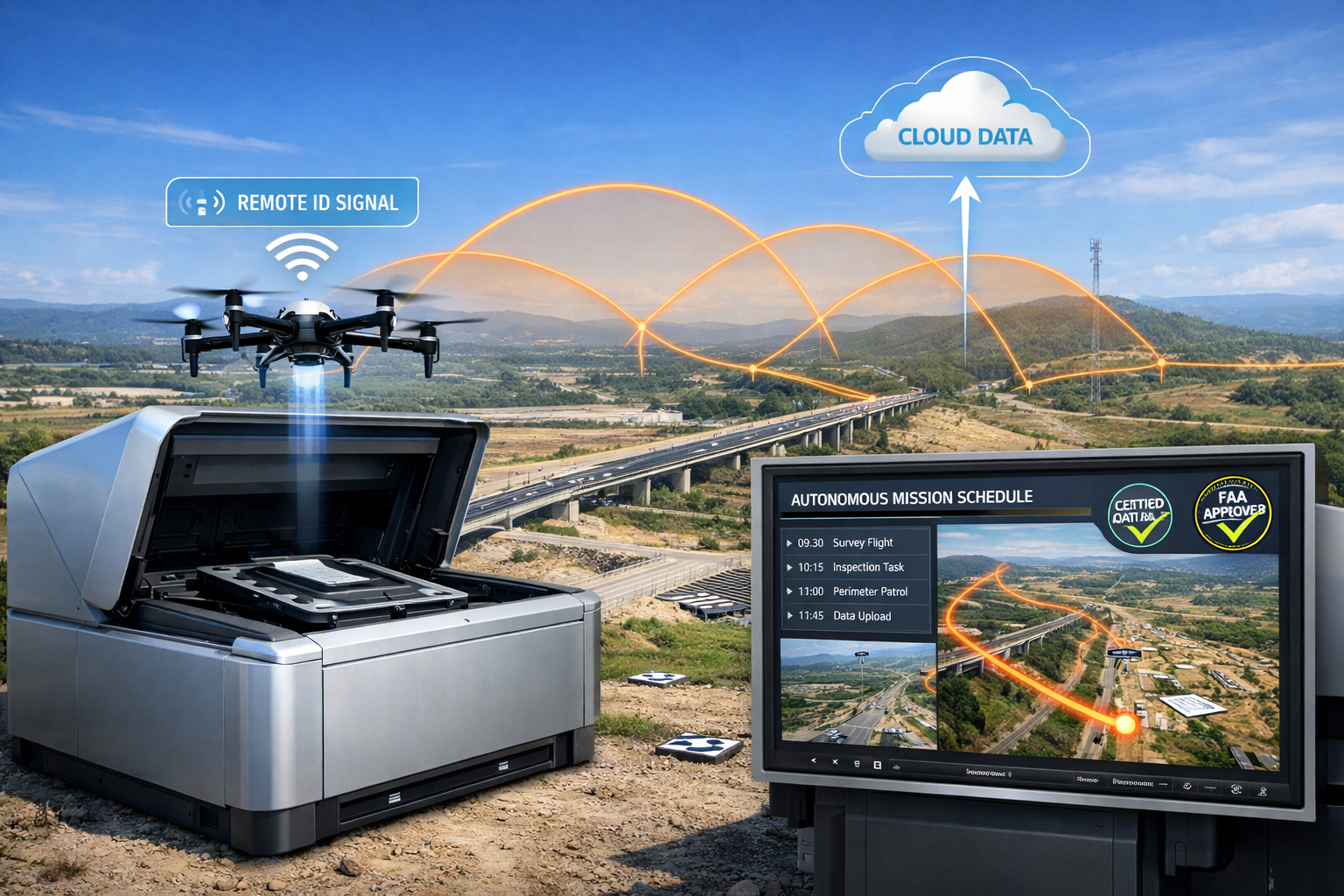 Detailed landscape format (1536x1024) futuristic image showcasing autonomous drone-in-a-box system deployed at large property development si