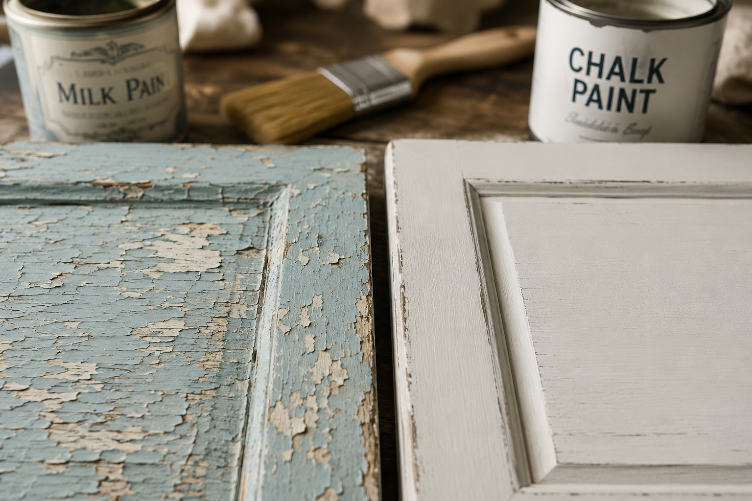 A close-up, while the other exhibits the smooth, matte, velvety finish of chalk paint with subtle distressing marks. Paint
