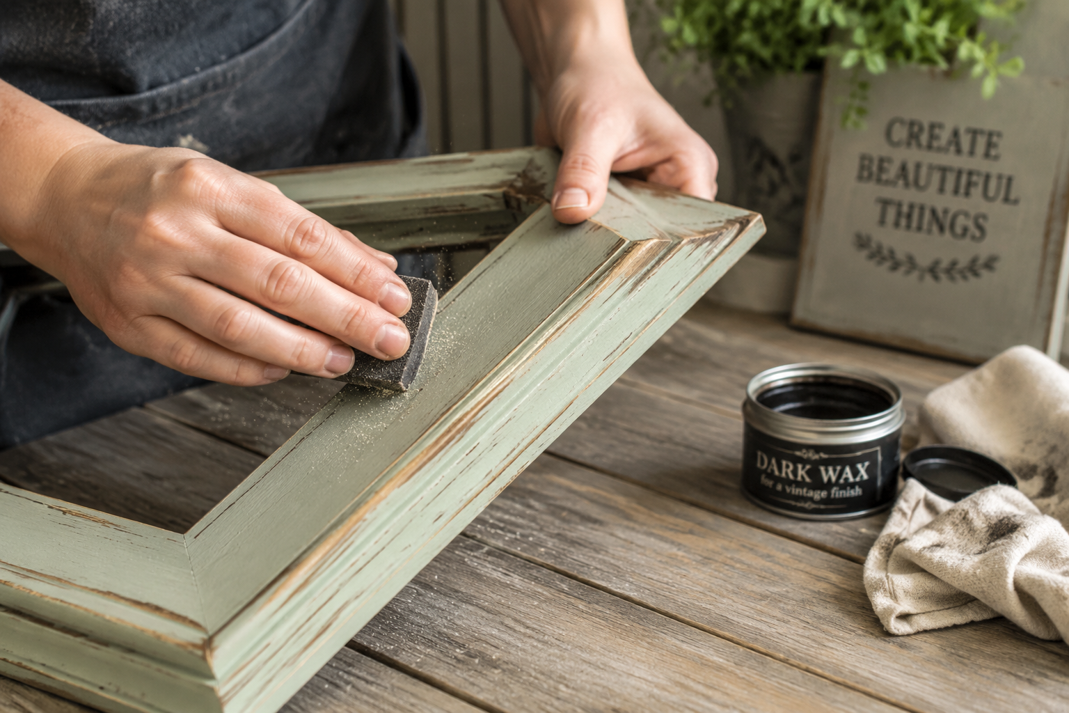 A detailed image () featuring a hands-on demonstration of applying a distressing technique to a piece of chalk-painted wood.