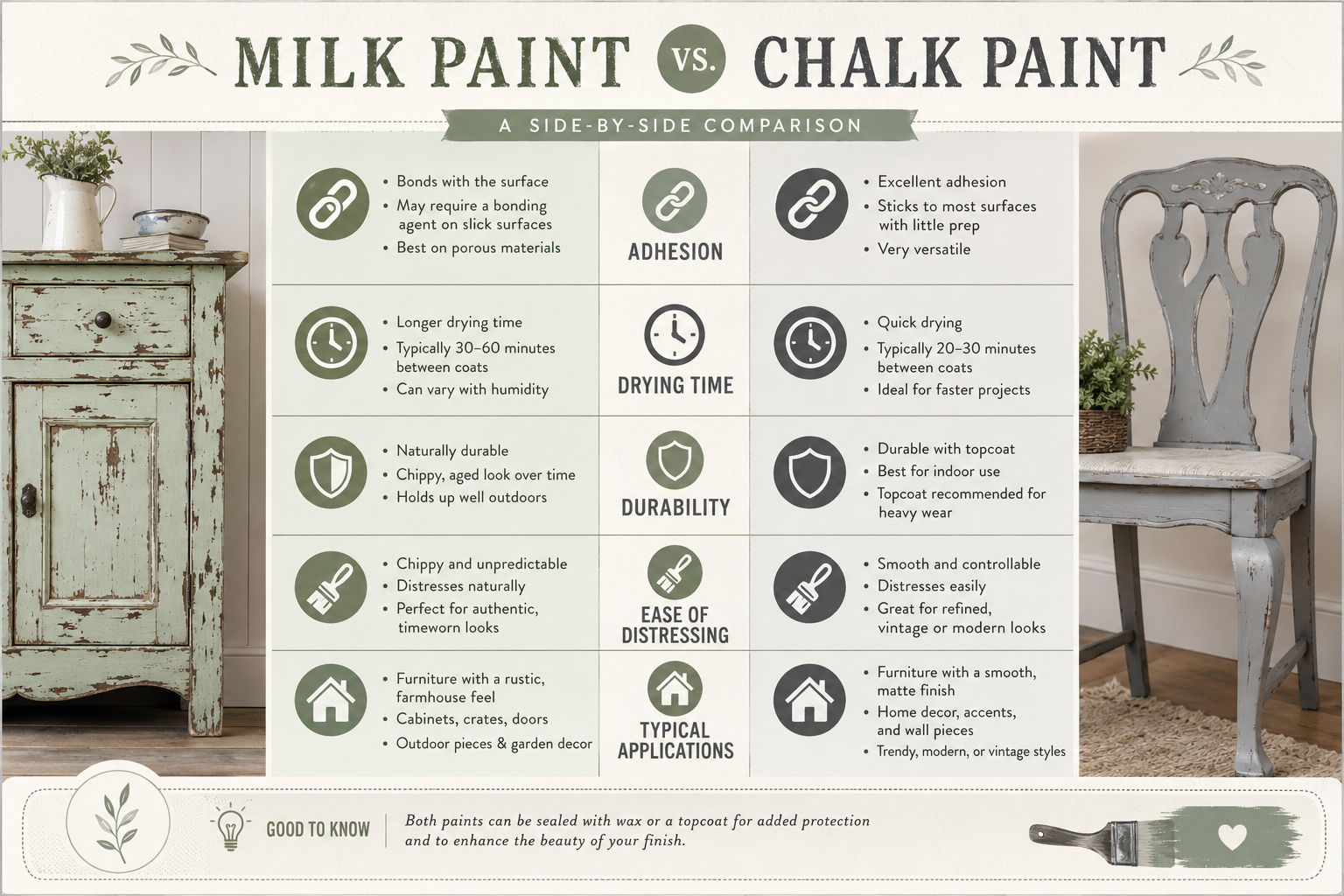 A comprehensive comparison table infographic in a () contrasting milk paint and chalk paint finishes. The infographic is