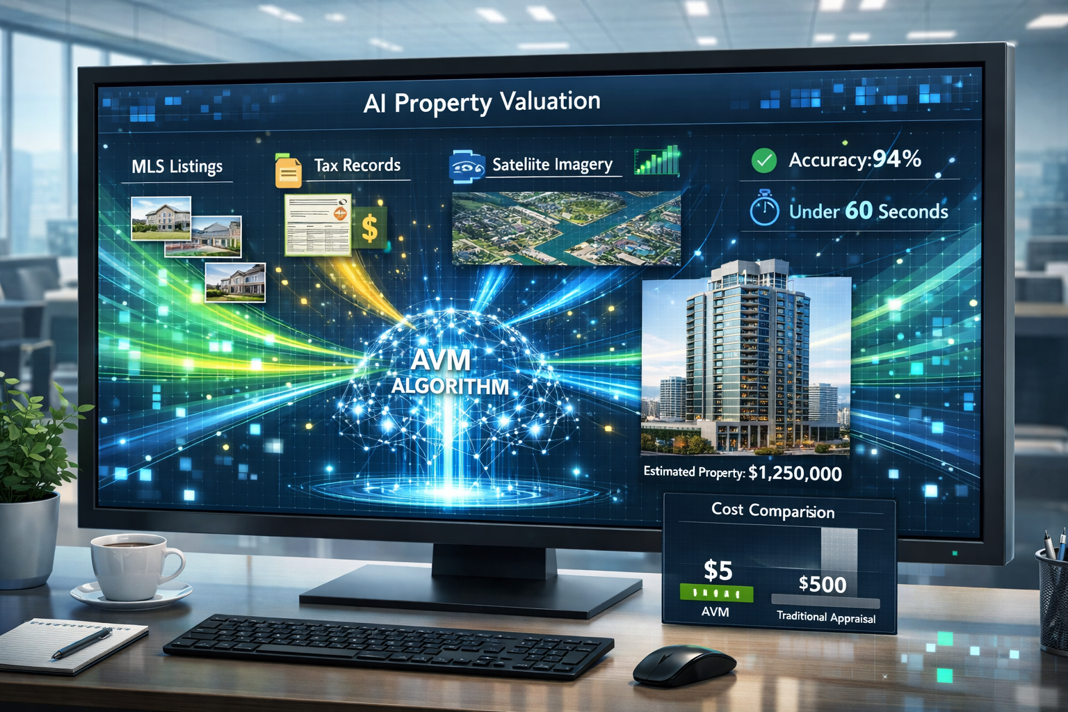 () detailed illustration showing AI-powered property valuation dashboard on large desktop monitor with multiple data streams