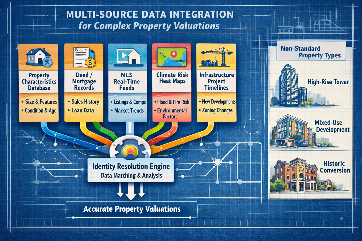 () technical infographic showing multi-source data integration workflow for complex property valuations. Visual depicts five