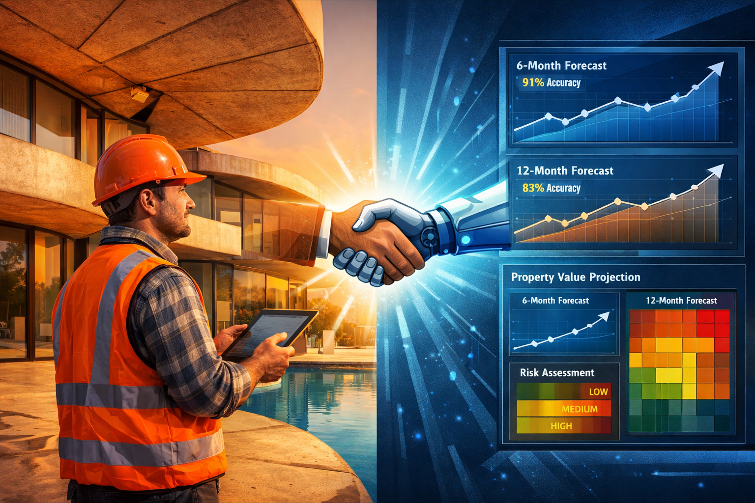 () conceptual split-screen comparison image showing hybrid human-AI collaboration model. Left side: human surveyor with