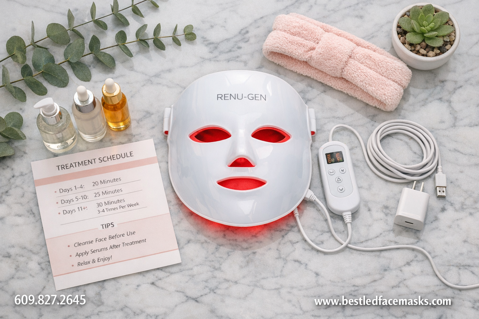 () overhead flat-lay photograph of a complete red light therapy mask home treatment setup including the Renu-Gen LED face
