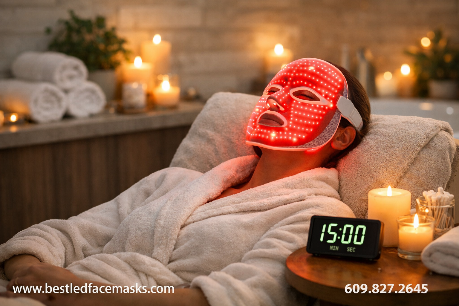 () wide shot of a modern home bathroom scene where a person is comfortably reclined on a plush chair wearing a red light