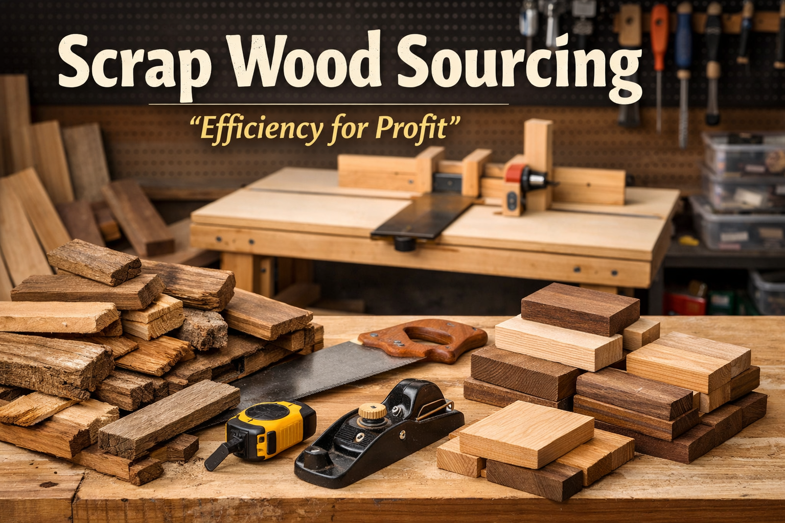 Landscape format (1536x1024) image illustrating a beginner's woodworking workshop, focusing on efficient material sourcing and basic tools. 
