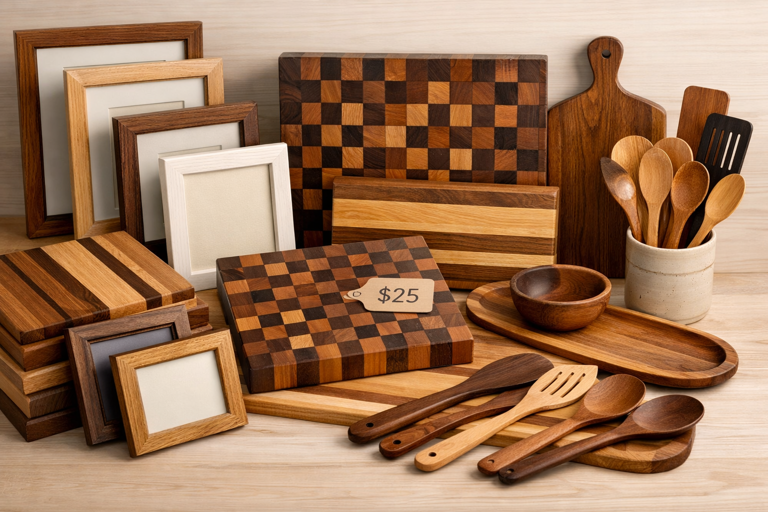 Landscape format (1536x1024) image showcasing a diverse collection of finished wooden products ready for sale, including various sizes of pi