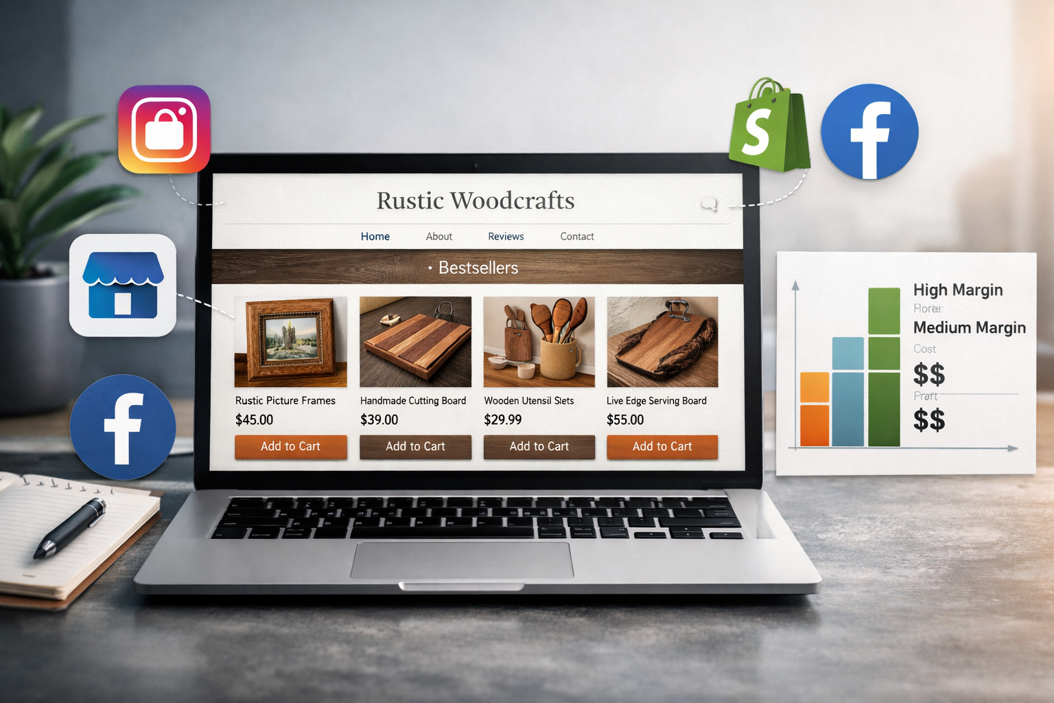 Landscape format (1536x1024) image representing online sales platforms and strategic pricing. The main focus is a laptop screen displaying a