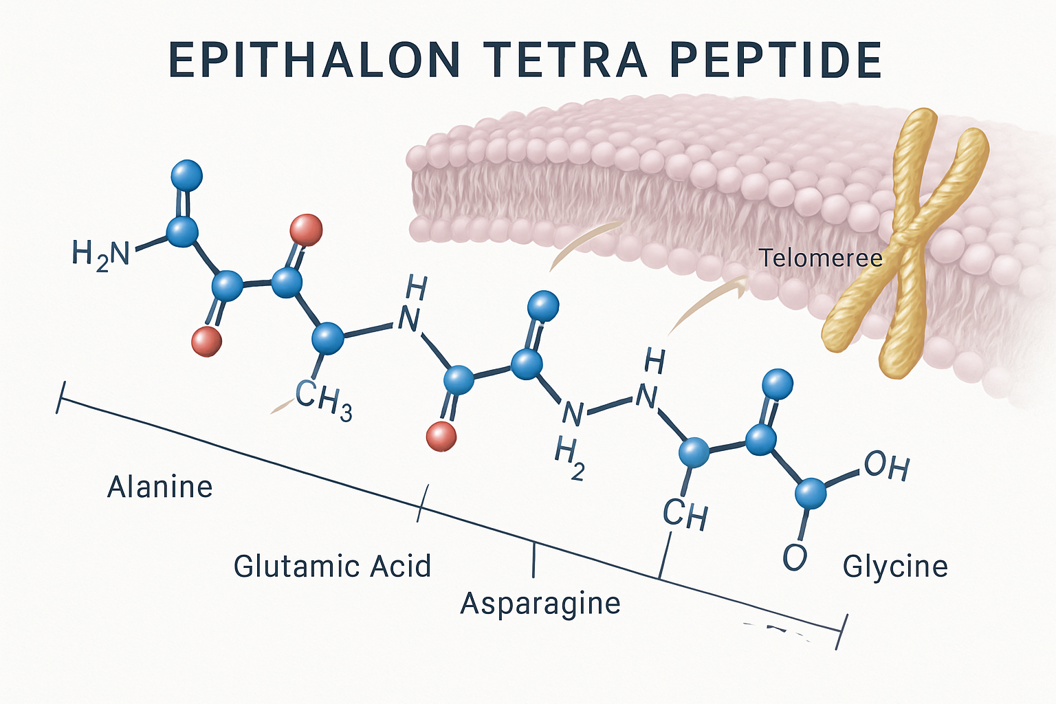 Detailed scientific illustration (1536x1024) showing the molecular structure of epithalon tetra peptide with four distinct amino acids (Alan