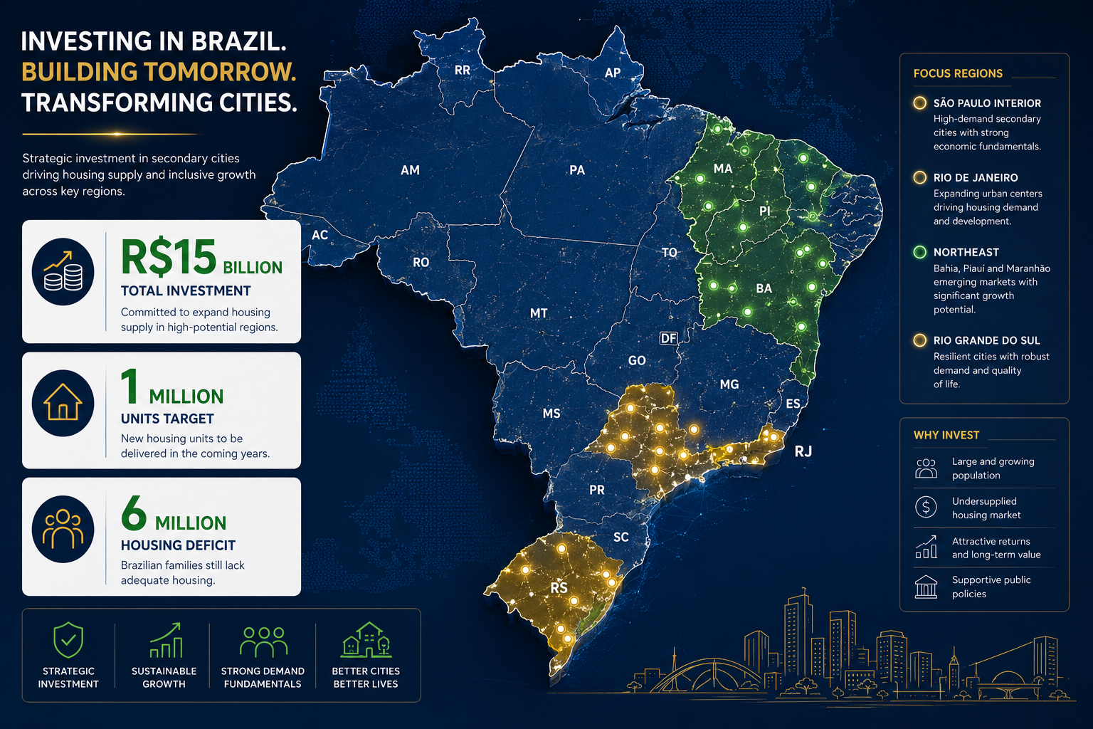 Wide-angle editorial illustration showing a detailed map of Brazil with glowing hotspots highlighting secondary cities in