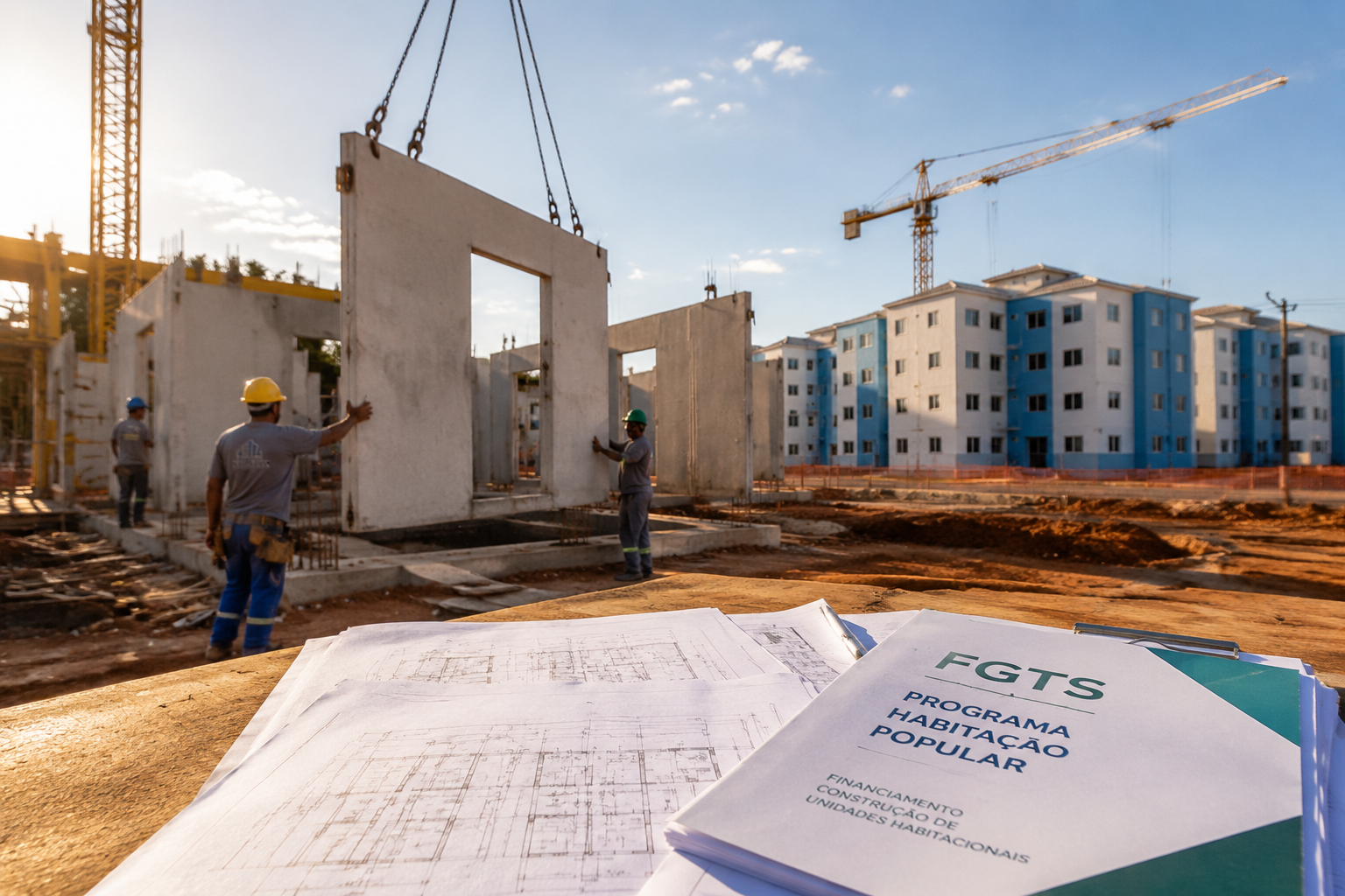 Dramatic ground-level perspective of a modern MCMV affordable housing construction site in a Brazilian secondary city
