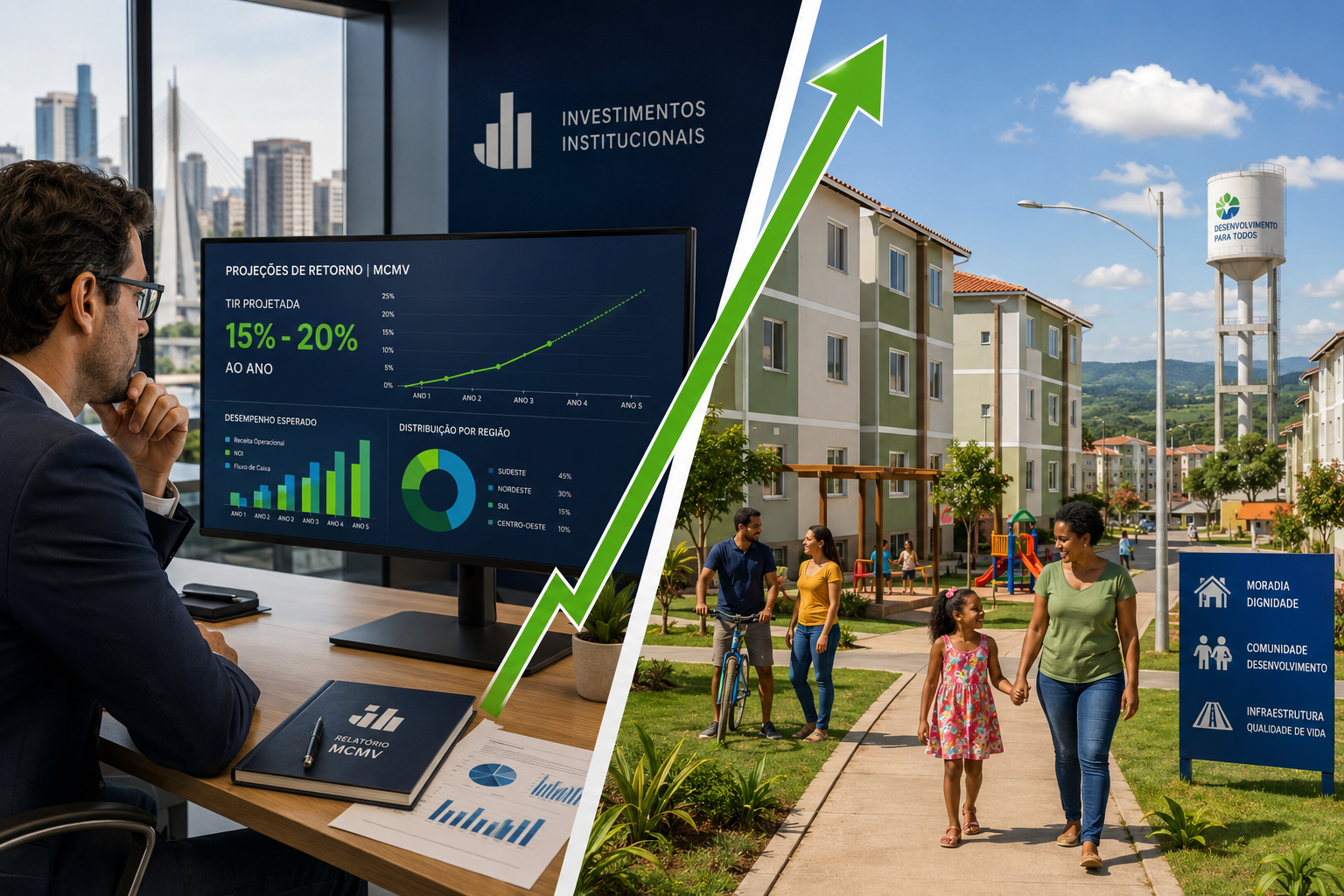 Split-composition financial editorial image: left side shows a Brazilian institutional investor in a modern São Paulo office
