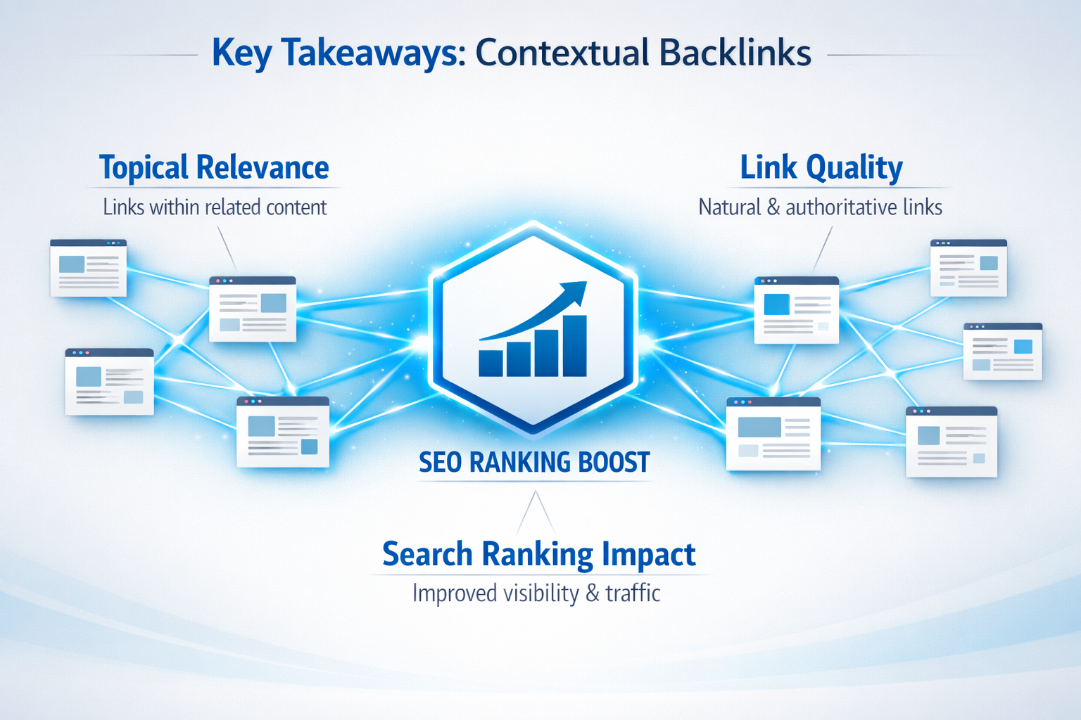 Minimalist infographic visualizing 'Key Takeaways' about contextual backlinks, featuring a network diagram with interconnected web pages, gl