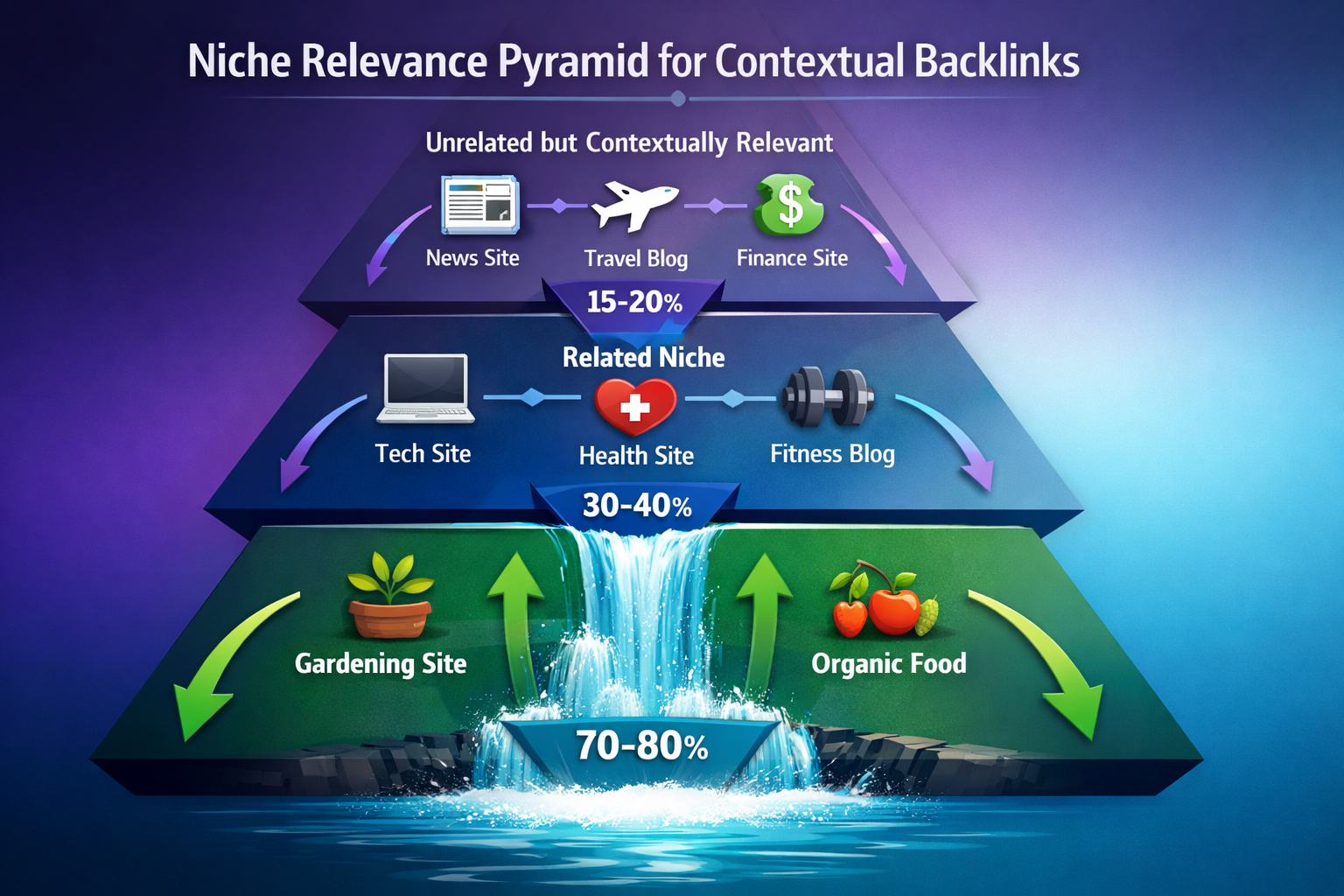 Landscape format (1536x1024) conceptual visualization of three-tier niche relevance pyramid for contextual backlinks. Bottom tier shows same