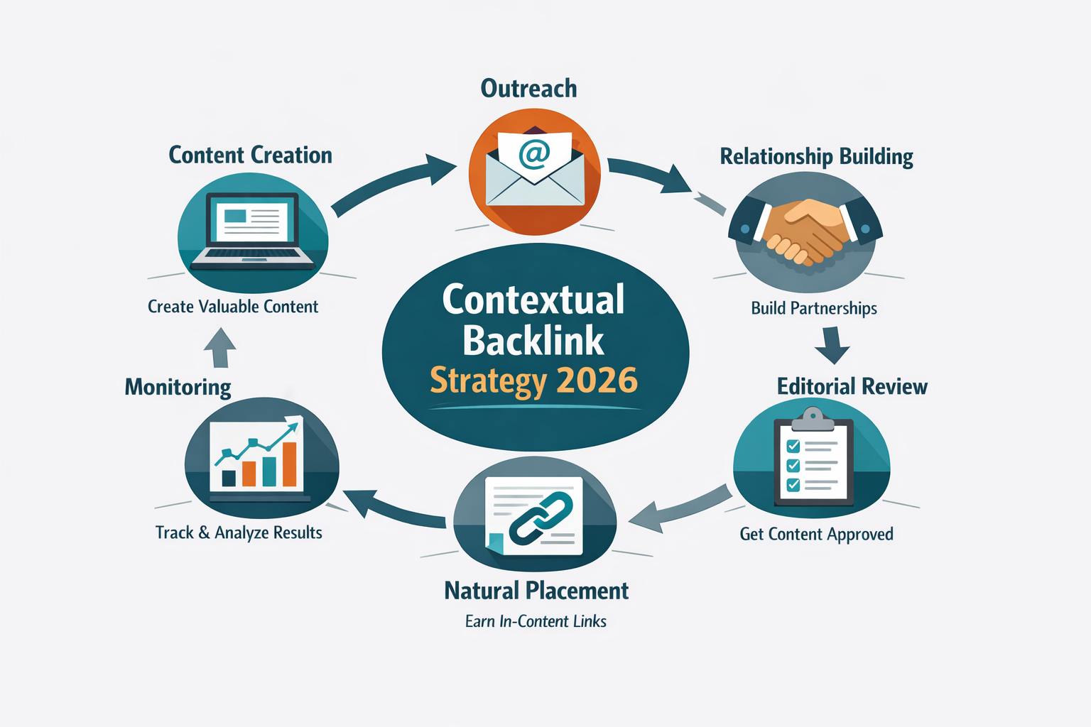 Landscape format (1536x1024) strategic workflow diagram showing step-by-step process for earning high-quality contextual backlinks. Circular