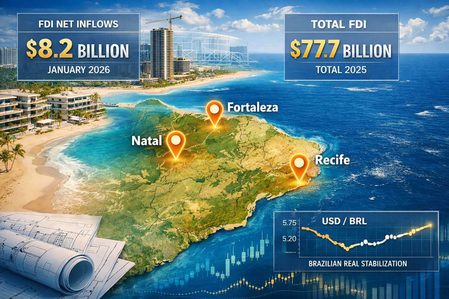 Detailed landscape format (1536x1024) image showing Brazil's Northeast coastal map highlighting emerging investment hubs including Natal, Fo