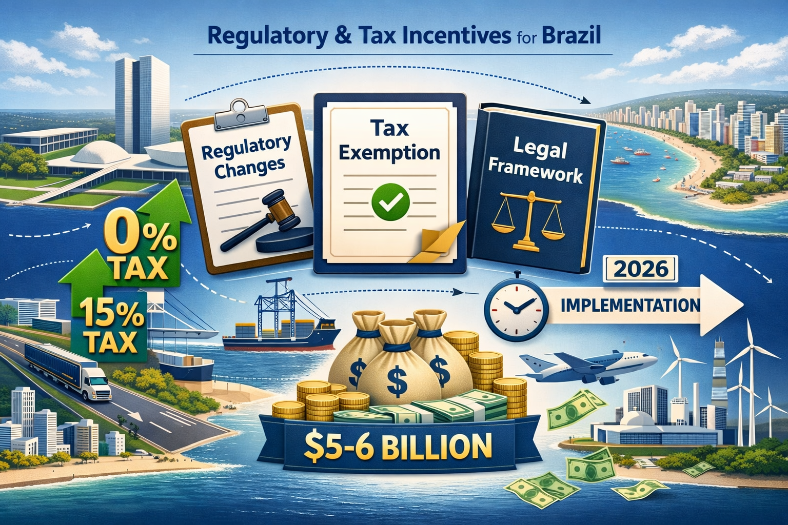 Detailed landscape format (1536x1024) visualization of regulatory framework and tax incentive structure for foreign investors in Brazil. Cen