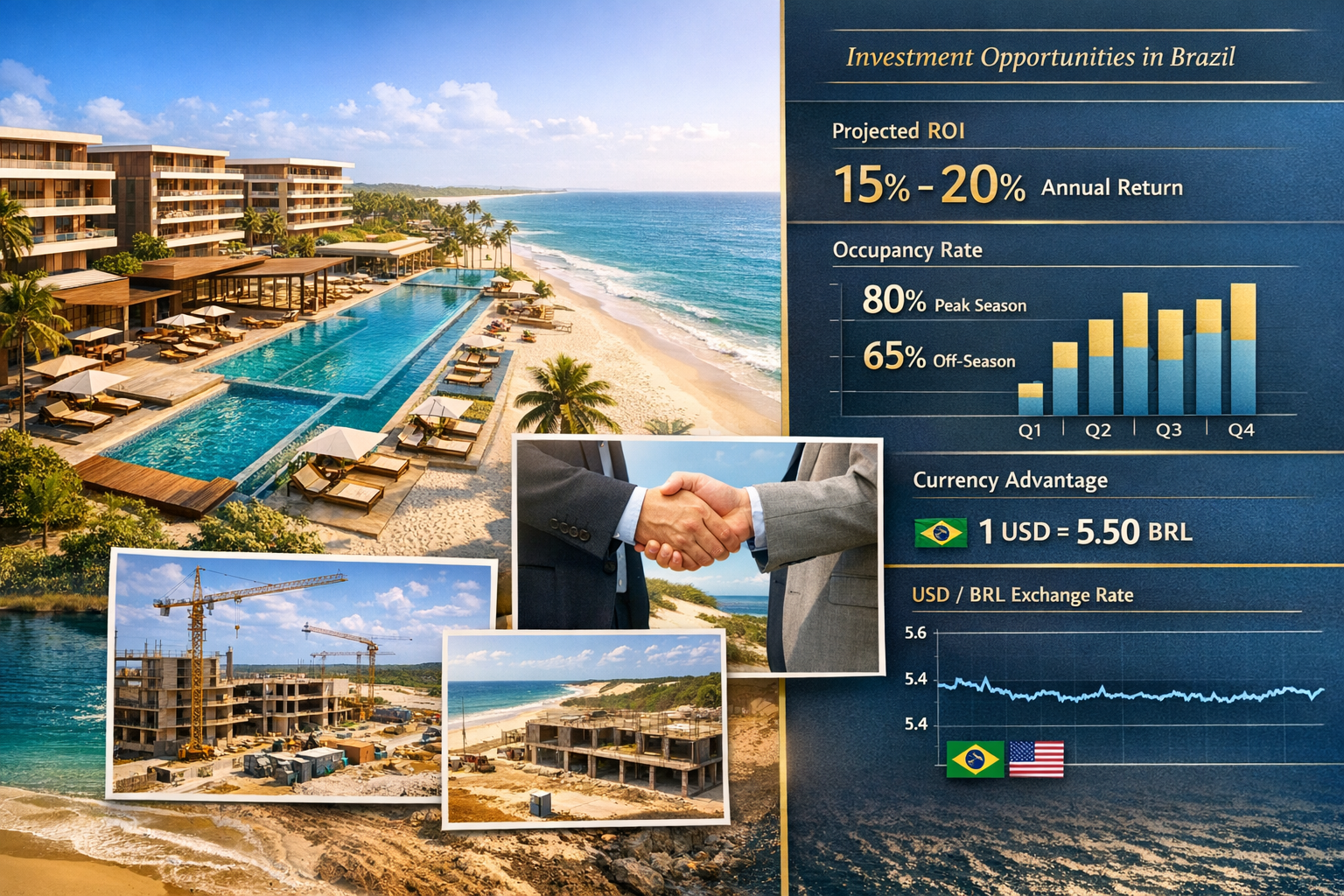 Detailed landscape format (1536x1024) image showcasing luxury beach resort development projects along Brazil's Northeast coast. Features spl