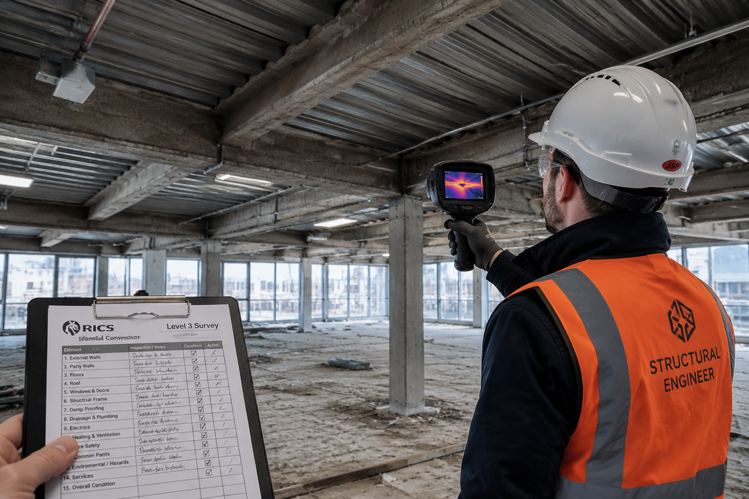 Wide-angle interior photograph of a structural engineer in a hard hat and hi-vis vest using a thermal imaging camera to scan
