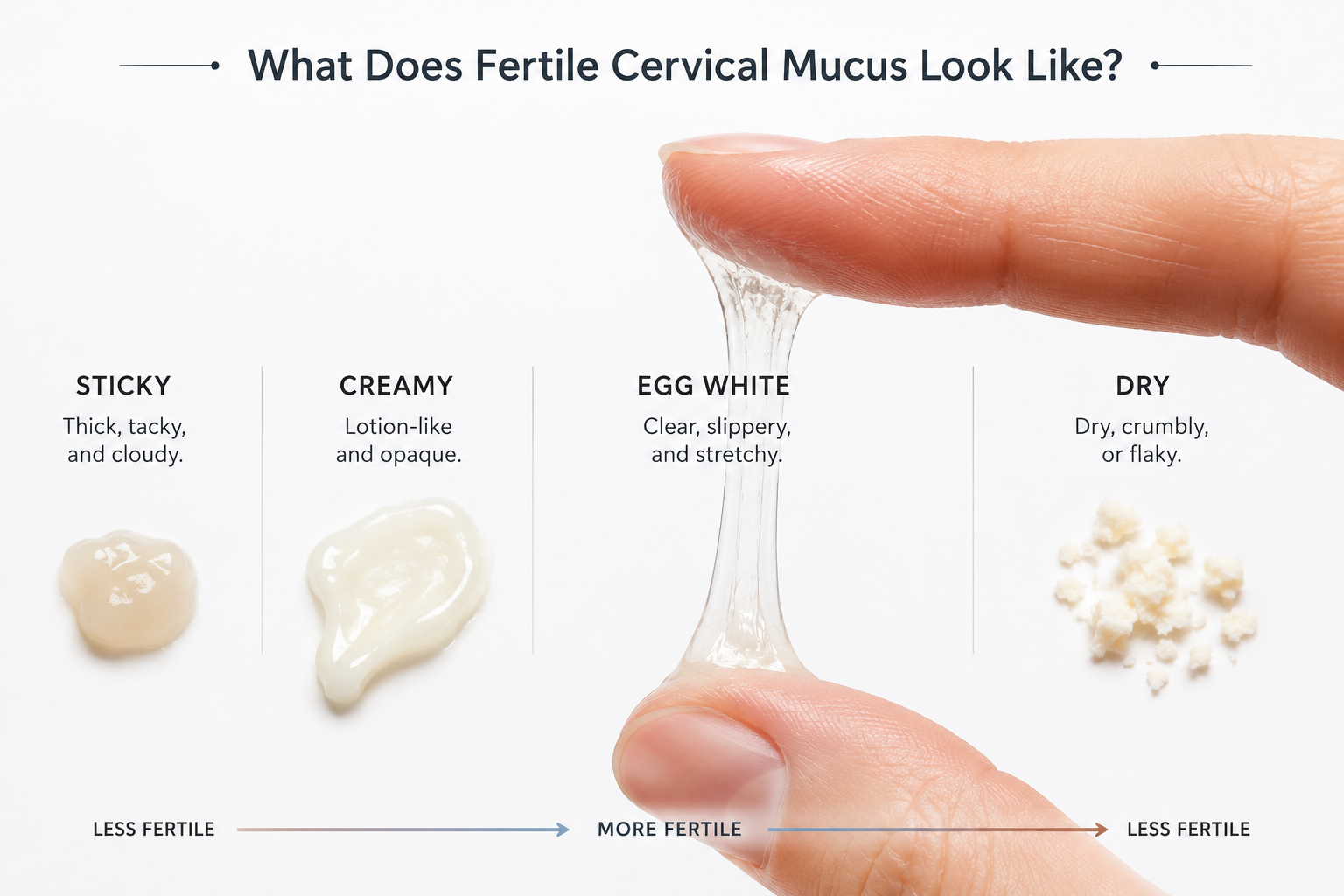 A close-up, highly detailed () image illustrating different stages of cervical mucus on a white background, arranged in a