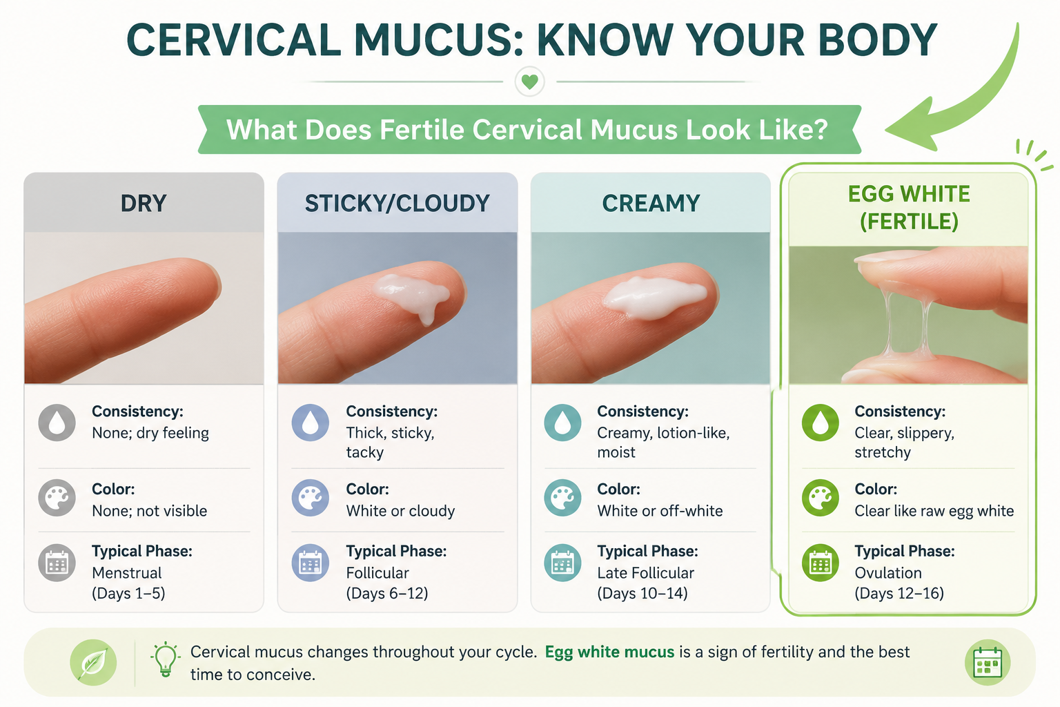 A clear, () infographic-style image comparing common cervical mucus types, including fertile mucus. Four distinct sections,
