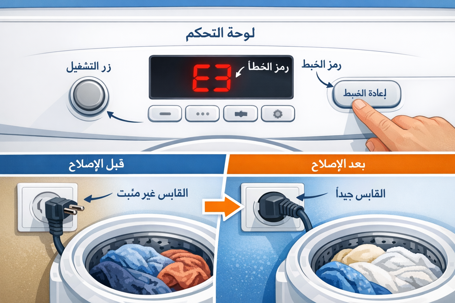 () technical diagnostic illustration showing close-up of automatic washing machine control panel with Arabic labels: 'لوحة