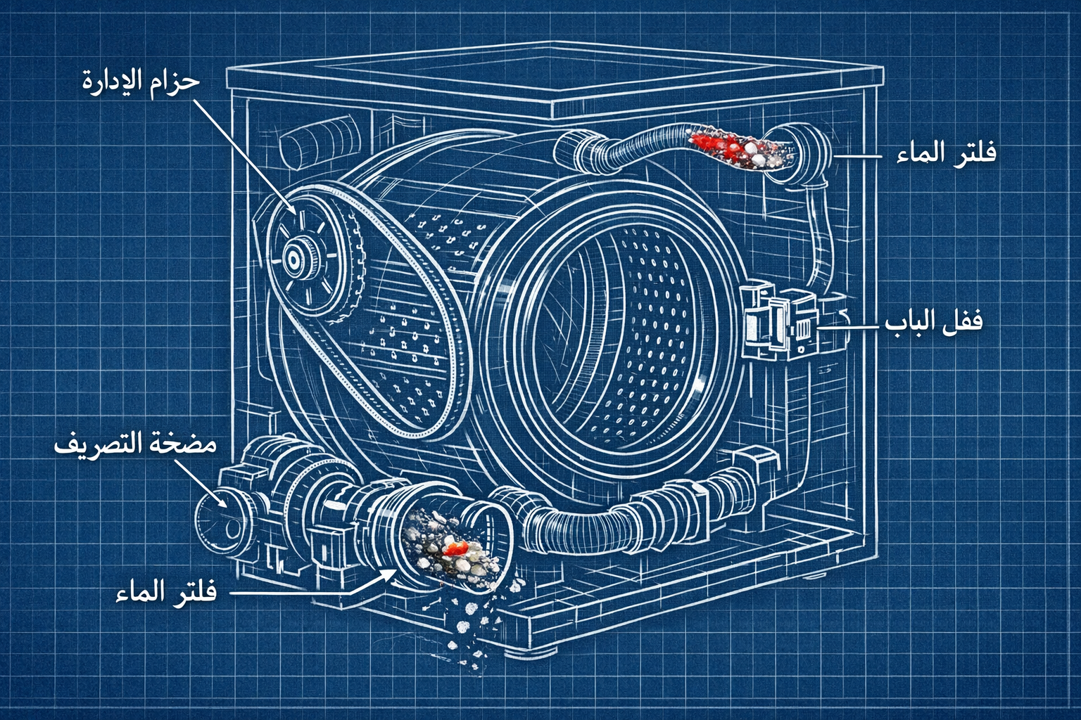 () cross-section cutaway diagram of front-load washing machine drum interior with Arabic labels: 'حزام الإدارة', 'مضخة