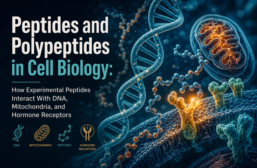 Professional landscape hero image () with : "Peptides and Polypeptides in Cell Biology: How Experimental Peptides Interact