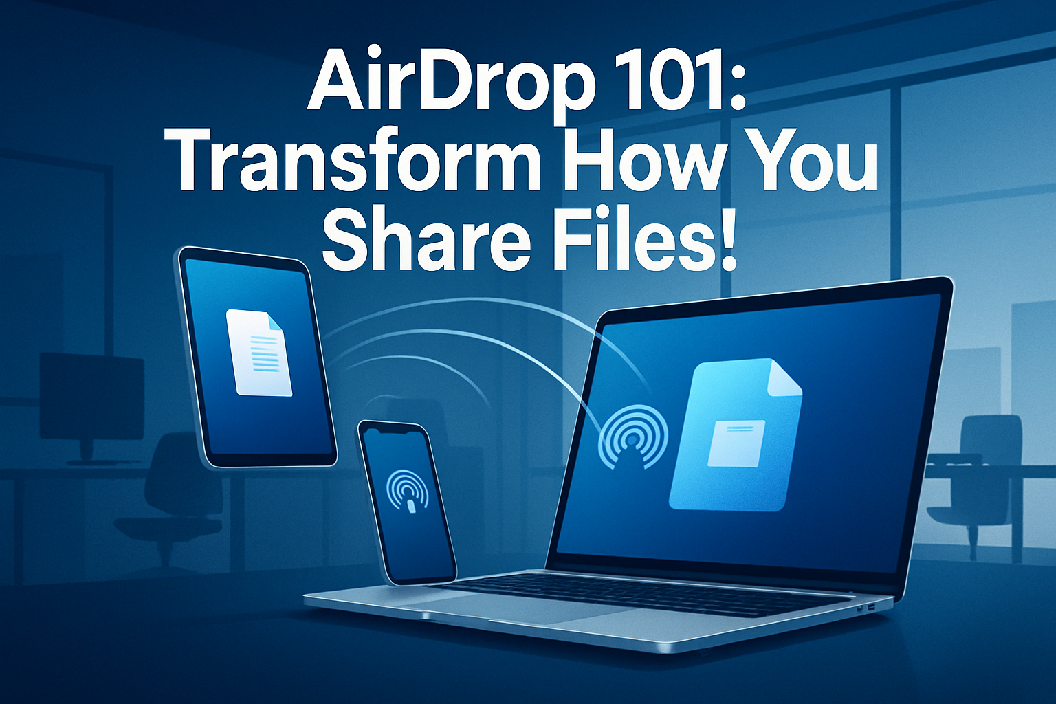 Professional landscape hero image (1536x1024) featuring bold text overlay 'AirDrop 101: Transform How You Share Files!' in extra large 72pt 