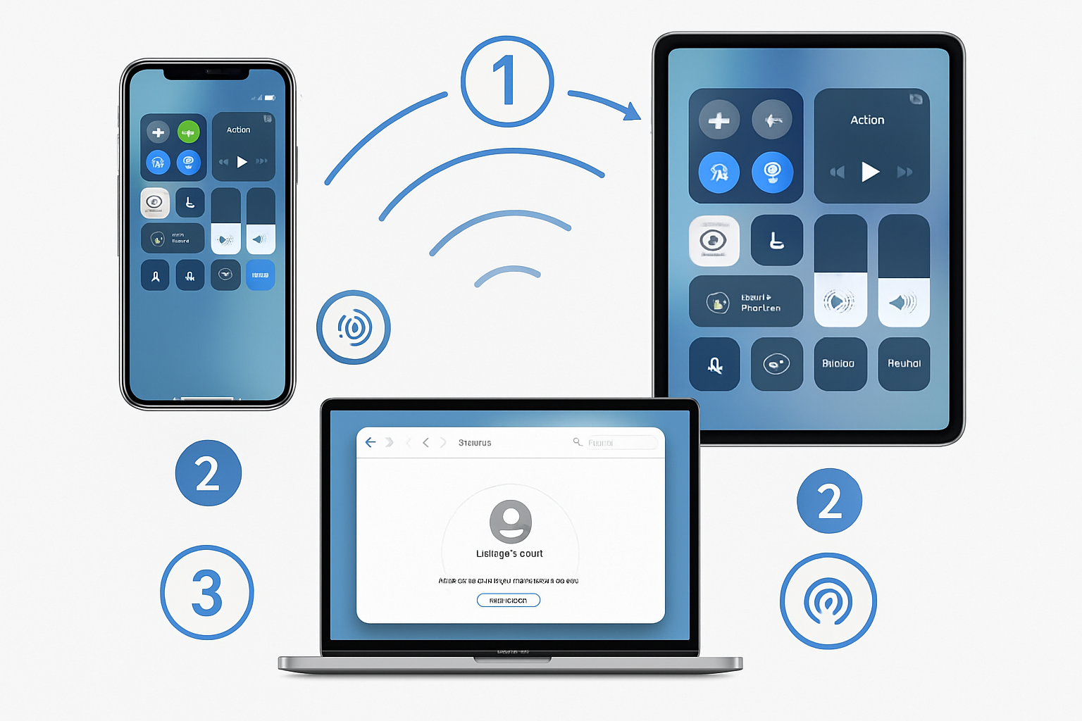 Detailed infographic showing AirDrop setup process across Apple devices - iPhone, iPad, MacBook Pro arranged in triangle formation with wire