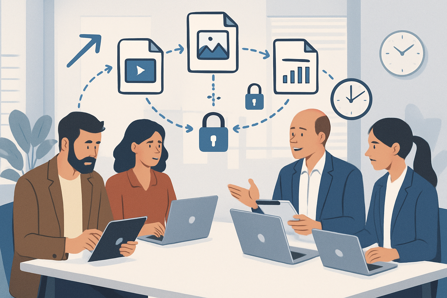 Professional business workflow illustration showing creative team collaboration - designers and project managers around conference table wit