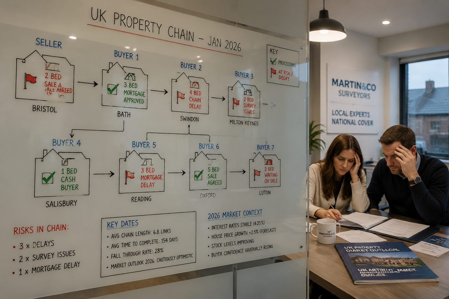 Wide-angle editorial photograph of a complex UK property chain diagram displayed on a large glass whiteboard in a modern