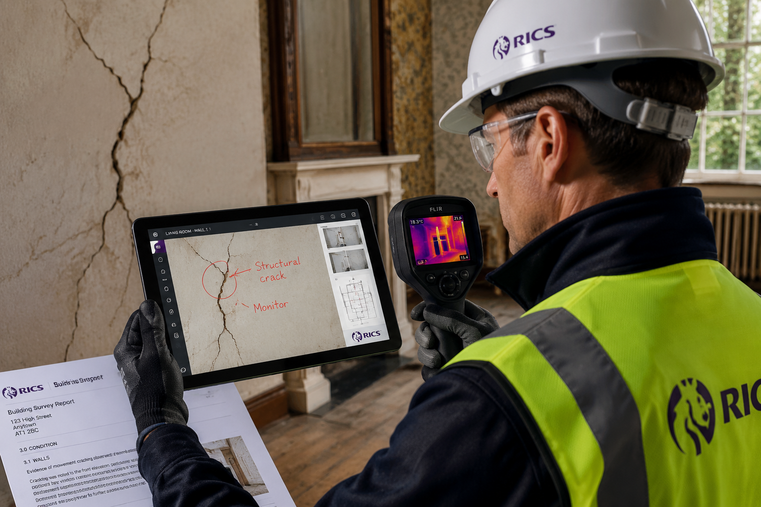 Close-up editorial shot of a RICS-accredited chartered surveyor in a hard hat and hi-vis vest using a digital tablet and
