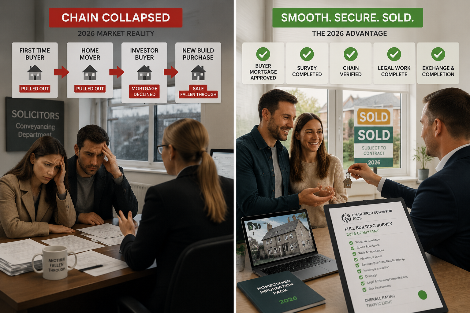 Split-panel editorial infographic image showing two contrasting scenarios side by side: left panel shows a collapsed