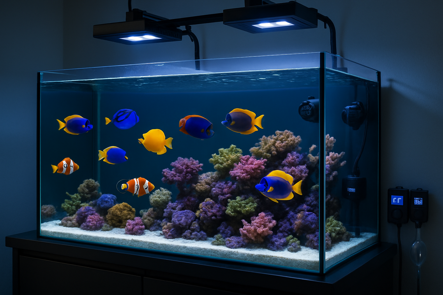 Detailed landscape image (1536x1024) showing a modern home aquarium setup with multiple colorful saltwater fish including clownfish, angelfi