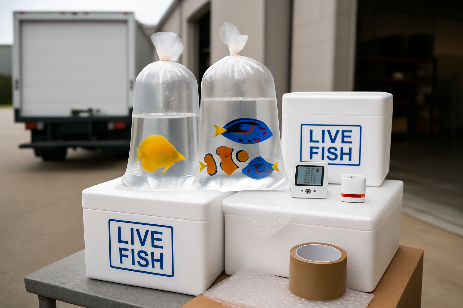 Professional landscape image (1536x1024) depicting secure shipping process for live marine fish. Shows insulated shipping boxes with 'Live F
