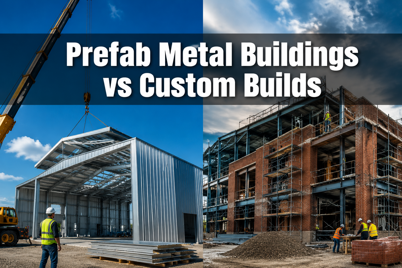 Professional () hero image with : 'Prefab Metal Buildings vs Custom Builds' in extra large white with dark drop , centered