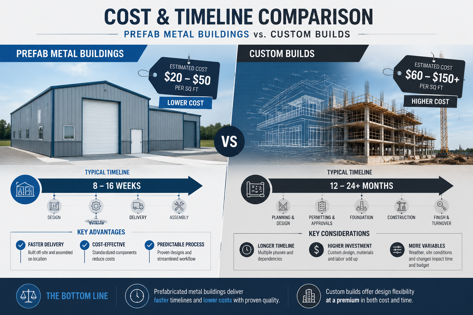Detailed () editorial infographic image showing a side-by-side cost and timeline comparison between prefab metal buildings