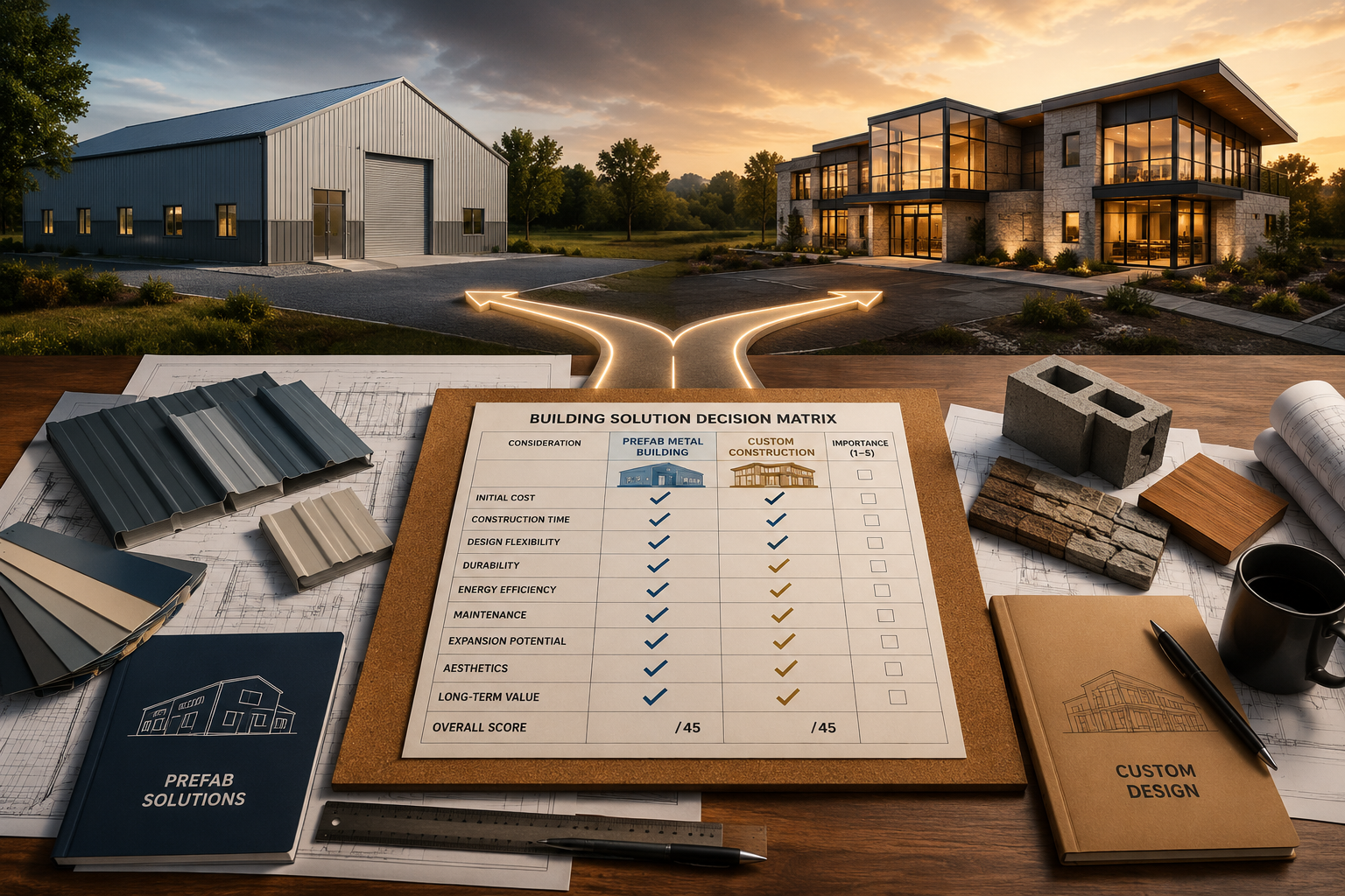 Detailed () editorial concept image illustrating the decision-making process for choosing between prefab metal buildings and