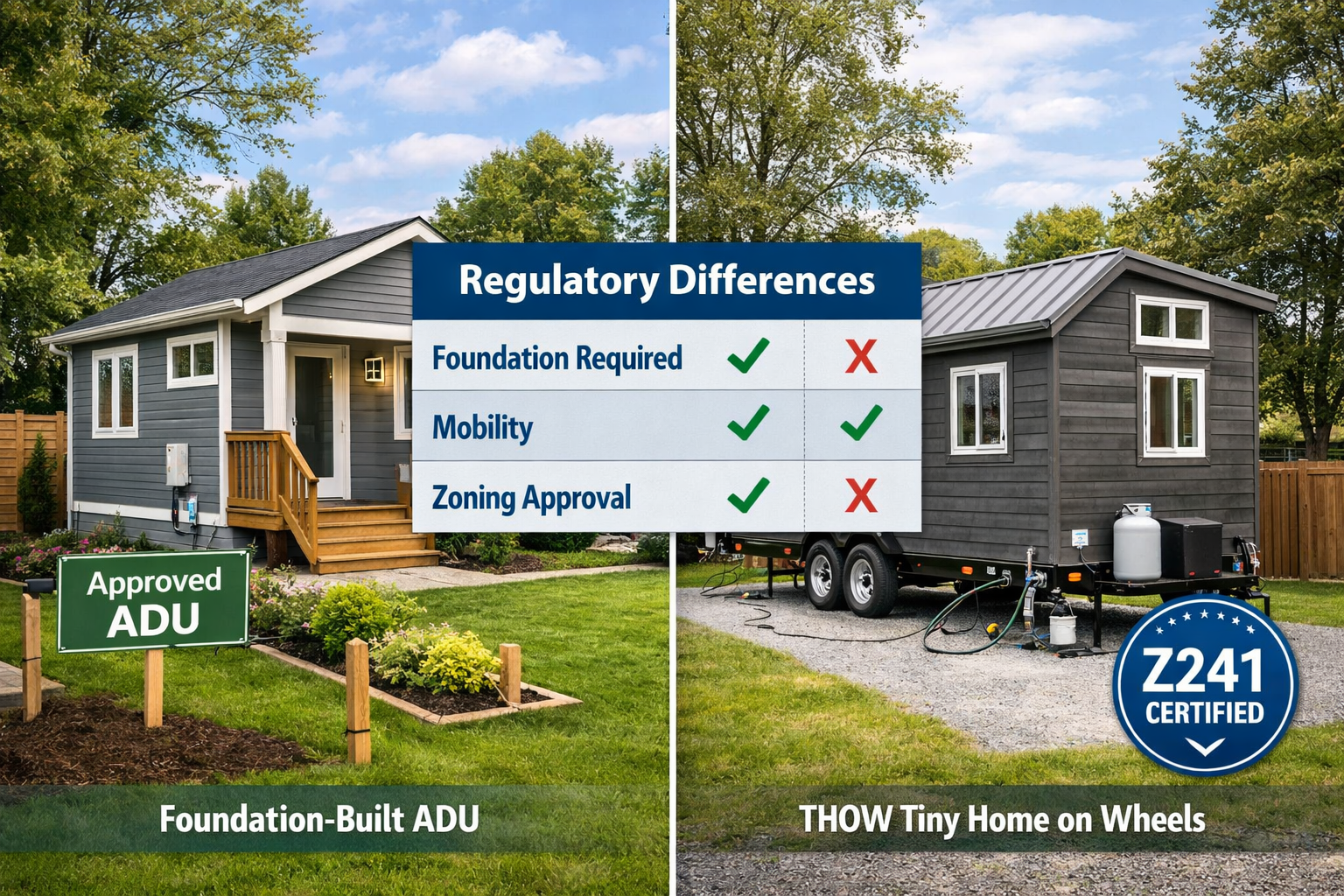 Landscape format (1536x1024) editorial image showing side-by-side comparison of ADU tiny home versus THOW tiny home in Canadian setting. Lef
