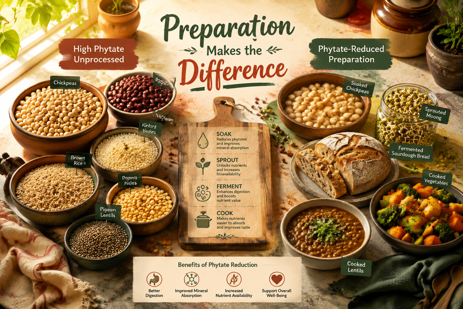 Wide-angle overhead shot of a meal-prep scene on a rustic kitchen counter showing two contrasting meal setups: left side