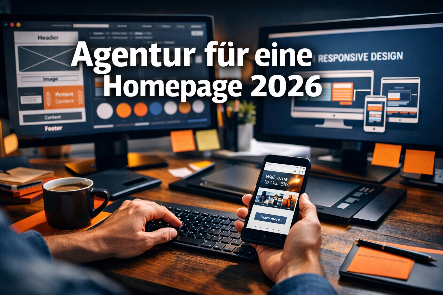 Professional landscape format (1536x1024) hero image featuring bold text overlay 'Agentur f&uuml;r eine Homepage 2026' in extra large 72pt white 