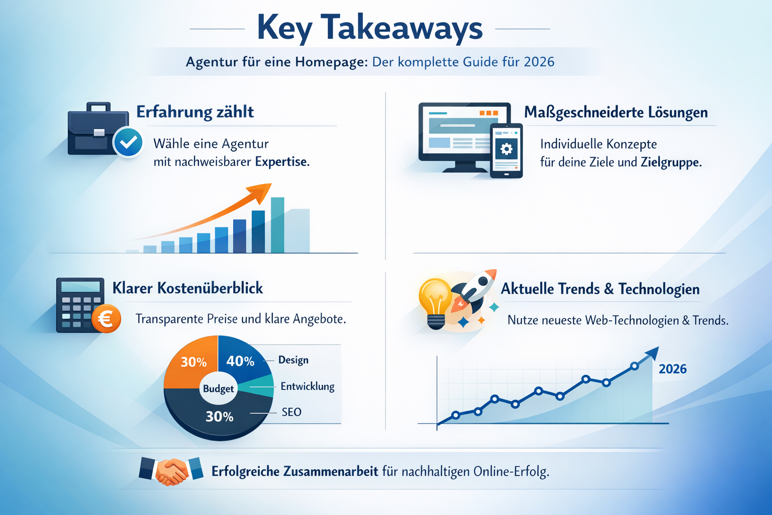Professional infographic for article "Agentur f&uuml;r eine Homepage: Der komplette Guide f&uuml;r 2026", section: "Key Takeaways". Include relevant i