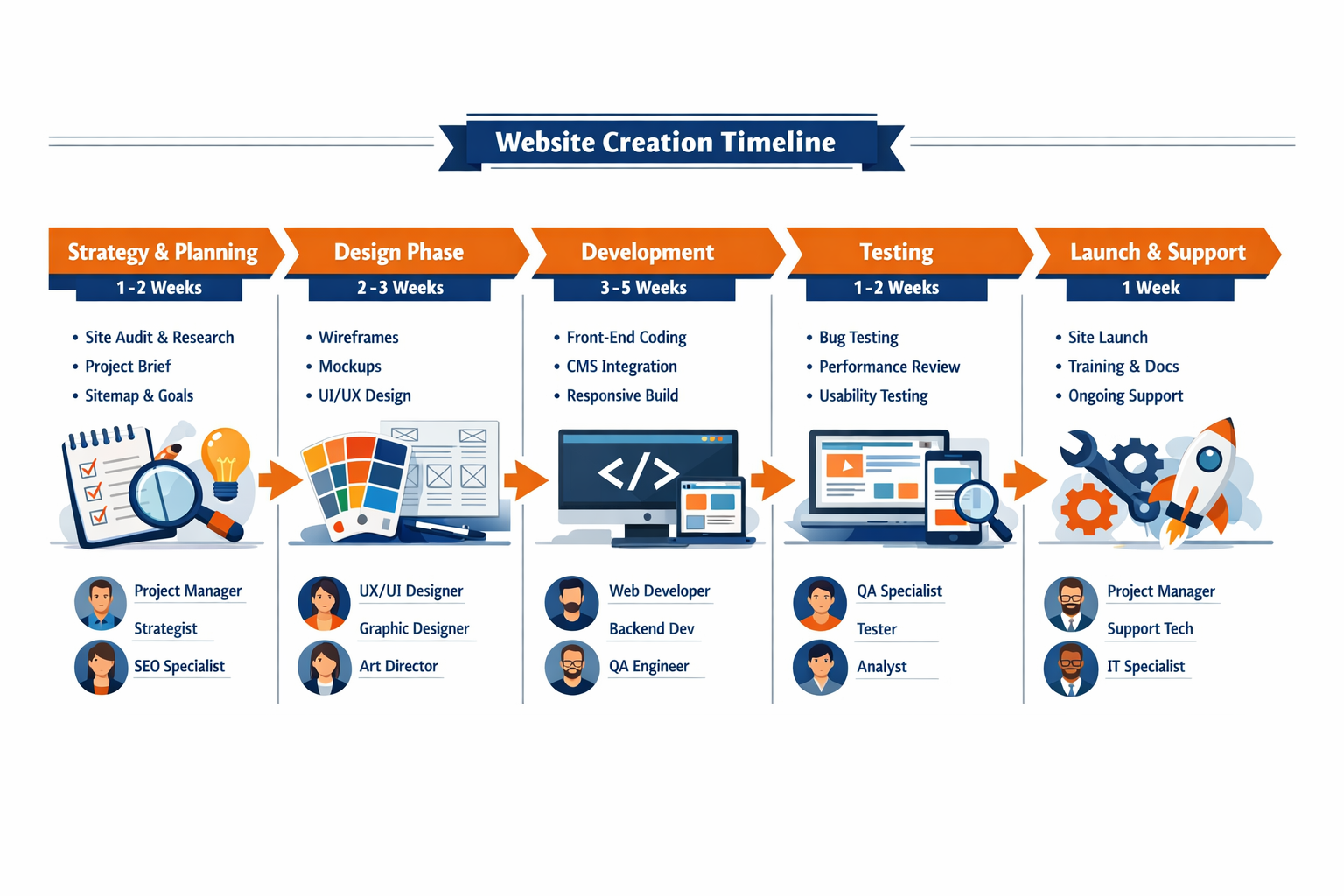 Landscape format (1536x1024) detailed infographic showing website creation timeline and process stages. Horizontal flowchart with five conne