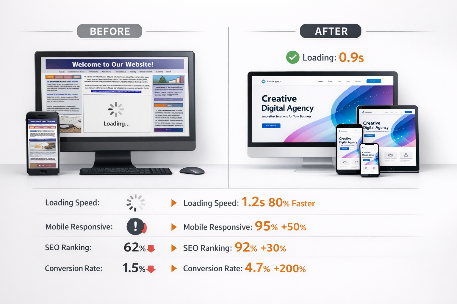 Landscape format (1536x1024) before-and-after website transformation showcase. Split-screen comparison showing outdated website design on le