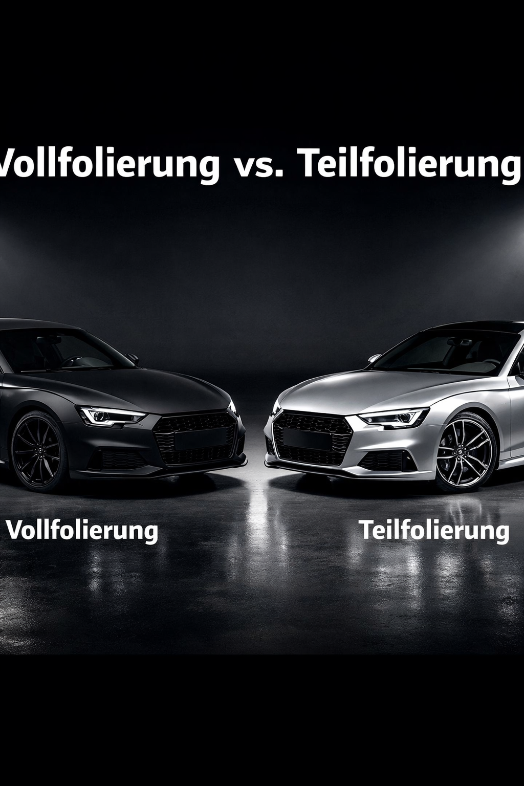 () showing a side-by-side comparison of a matte black wrapped car versus a glossy metallic silver wrapped car in a