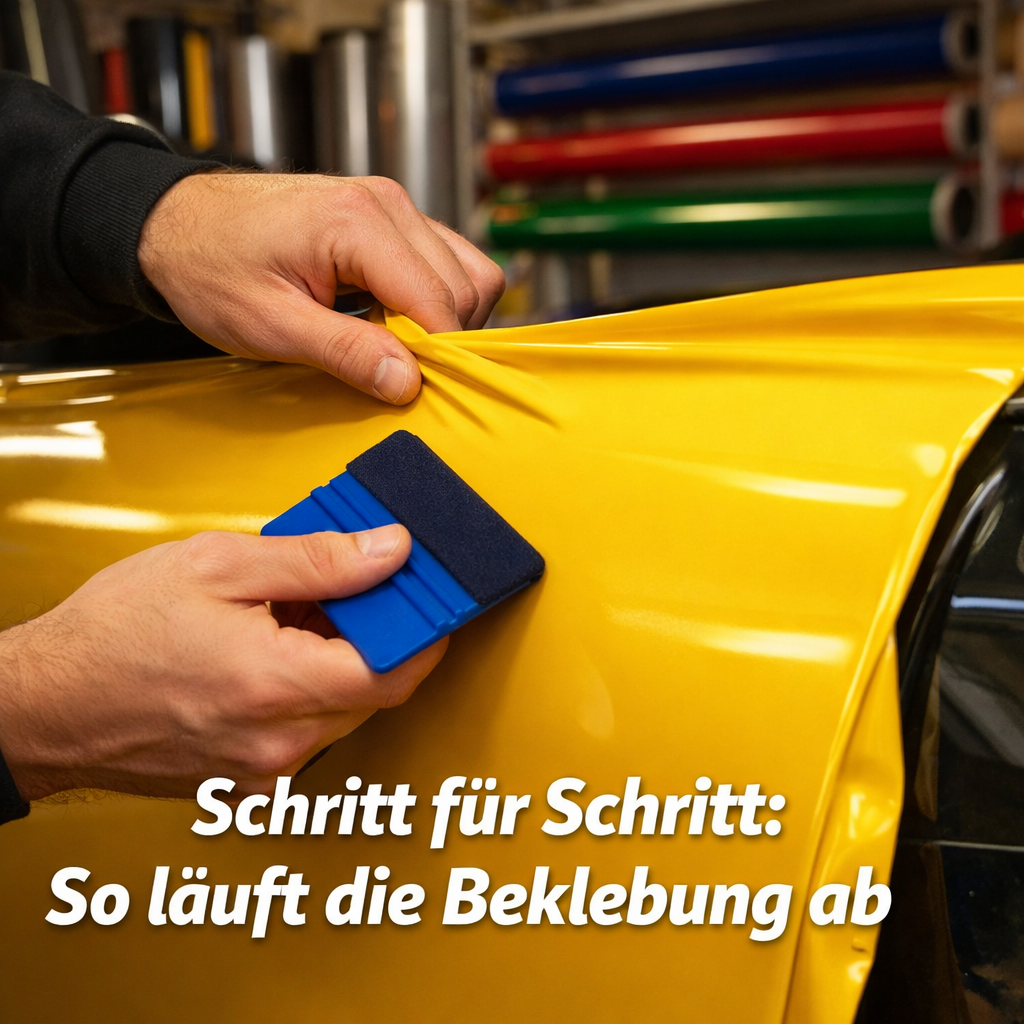 () showing a professional foil technician's hands carefully applying vibrant yellow vinyl wrap to a car door panel, squeegee